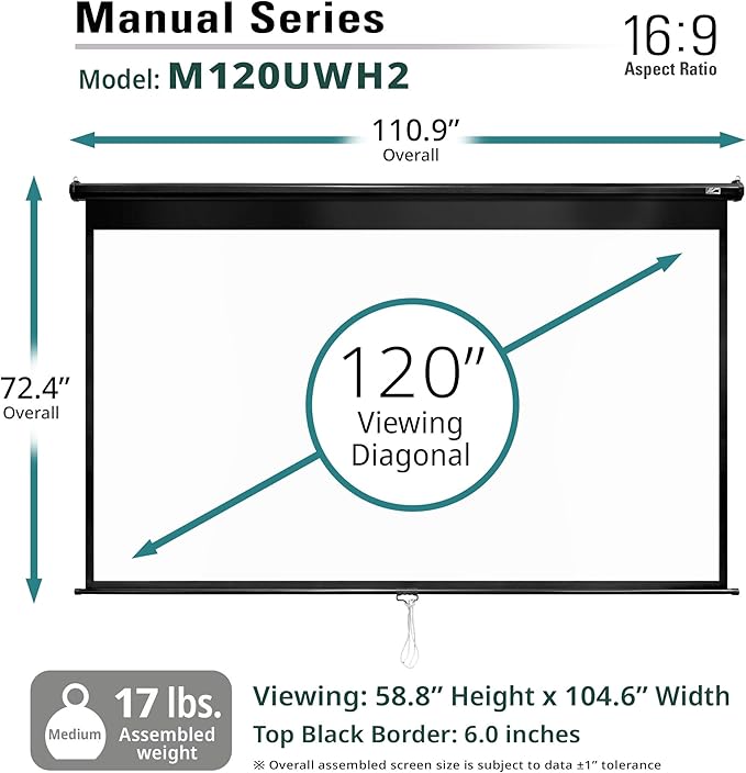 Elite Screens Manual Series, 120-INCH 16:9, Pull Down Projector Screen with AUTO Lock, Movie Home Theater 8K / 4K Ultra HD 3D Ready, 2-Year Warranty, M120UWH2