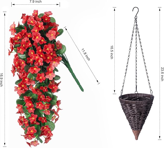 Artificial Fall Hanging Flowers with Baskets, Fake Silk Hanging Basket Daisy Orchid Flowers Plants, Faux Mums Flower Centerpieces for Home Indoor Outdoor Garden Patio Autumn Decoration(Red)