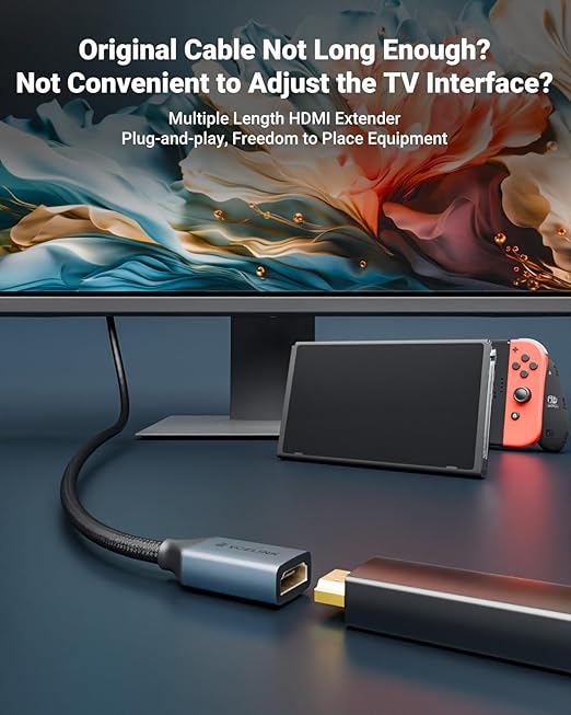 VCELINK 8K Short HDMI Extender Cable 1 FT Ideal for Tight Spaces, HDMI Extension Cable Support 8K@60Hz, 4K@120Hz/144Hz, HDCP 2.2/2.3, Compatible with Roku TV Stick, HDTV, Game Console, Laptop, 1 Pack