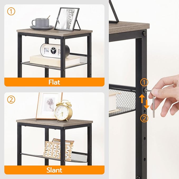 HOOBRO Side Table, 3-Tier Tall End Telephone Table with Adjustable Mesh Shelves, Small Entryway Stand for Living Room Bedroom Hallway or Office, Greige and Black BG01DH01G1