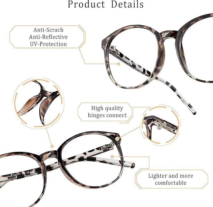 LifeArt Round Blue Light Blocking Glasses, Computer Glasses, Gaming Glasses, TV Glasses for Women Men (Leopard, 4.00 Magnification)
