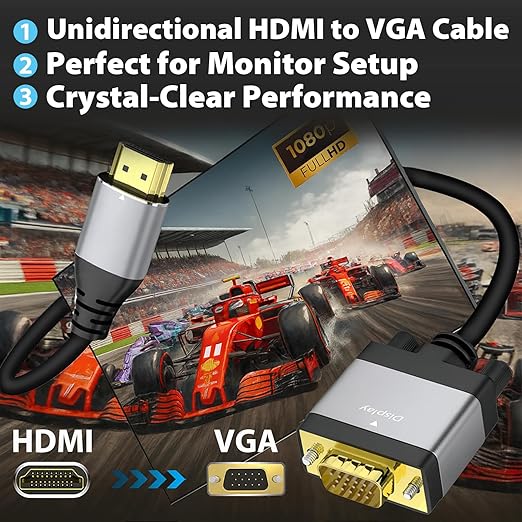 HDMI to VGA Cable 3ft, Adapter Cord with Secure Latch and IC Chip – Plug & Play HDMI to VGA Converter Cable for Projector, PC, Laptop, Desktop, Xbox, PS3, 1080P 60Hz