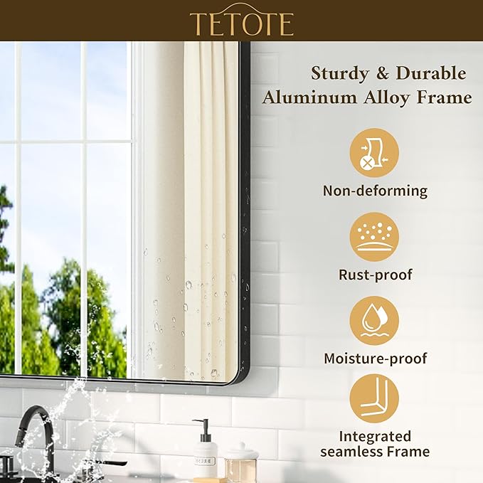 TETOTE Black Vanity Mirror 48 x 30 Matte Black Bathroom Mirrors, Tempered Glass, Modern Farmhouse Wall Mounted Mirror for Decorative(Horizontal/Vertical)