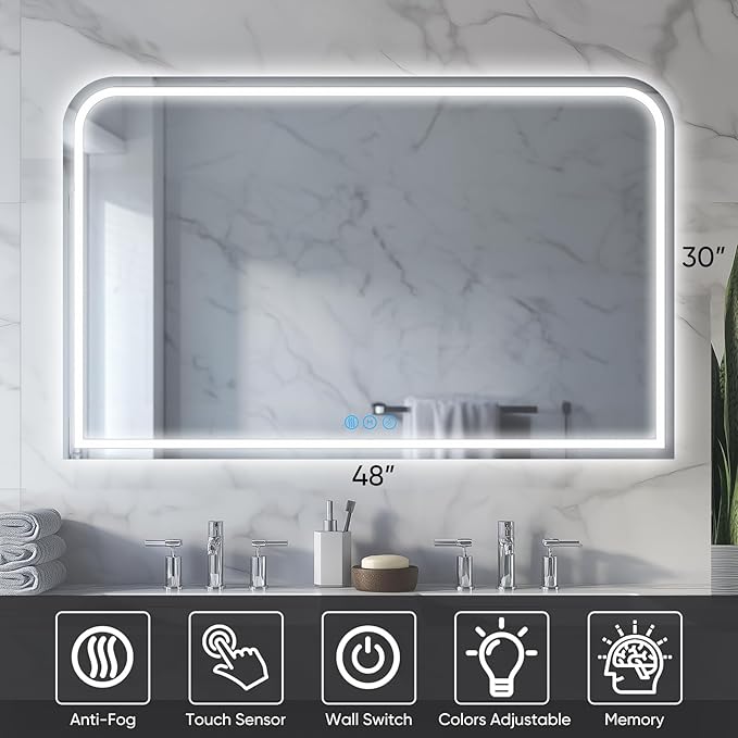 LED Bathroom Mirror, 48"x 30" LED Mirror with Lights for Bathroom, Lighted Vanity Mirrors for Wall, Anti-Fog, Dimmable, Tempered Glass, Memory Function, 3 Colors, Safe Use (White)