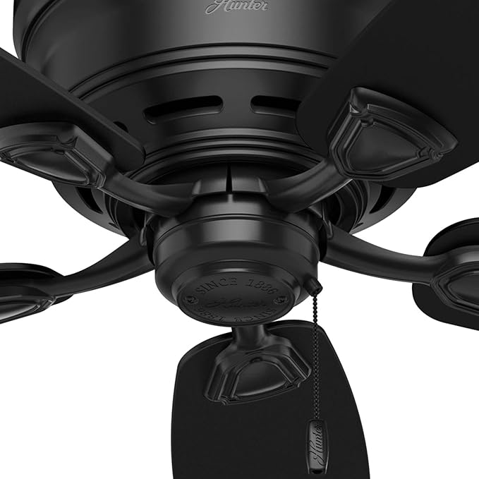Hunter 48 inch Outdoor or Indoor Ceiling Fan No Light - Low Profile Mount, Black Ceiling Fan without Light, For Patio, Porch, Garage, or Living Room, 5 Blades, Pull Chain - Sea Wind 53118, Matte Black