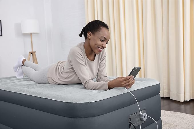 SleepLux Twin Air Mattress | Supersoft Snugable Top, Extra Durable Tough Guard with Built-in Pillow | Raised 18" Airbed with Built in Pump + USB Charger (69086E) , Grey