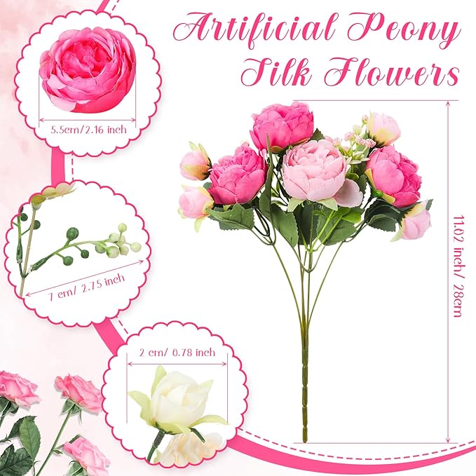 Geosar 8 Bundles Artificial Peonies Flowers Fake Silk Peony Bouquet Faux Peonies Flowers Bulk for Decoration Vase Floral Arrangements Wedding Party Table (Bright Color)