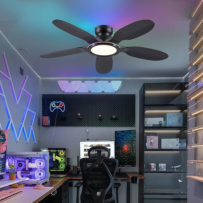 Ceiling Fans with Lights and Remote/APP Control, 52 inch Low Profile Ceiling Fans with Dimmable White + RGB Ring Lights, 6 Speeds 5 Curved Blades for Kids Room Bedroom Bar, Black