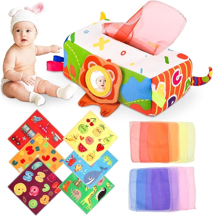 Baby Tissue Box - Montessori Toys for 6-12 Months, 1 Year Old - Soft Stuffed & High Contrast Crinkle Infant Sensory Toy, Early Learning Gift for Girls & Boys Toddlers