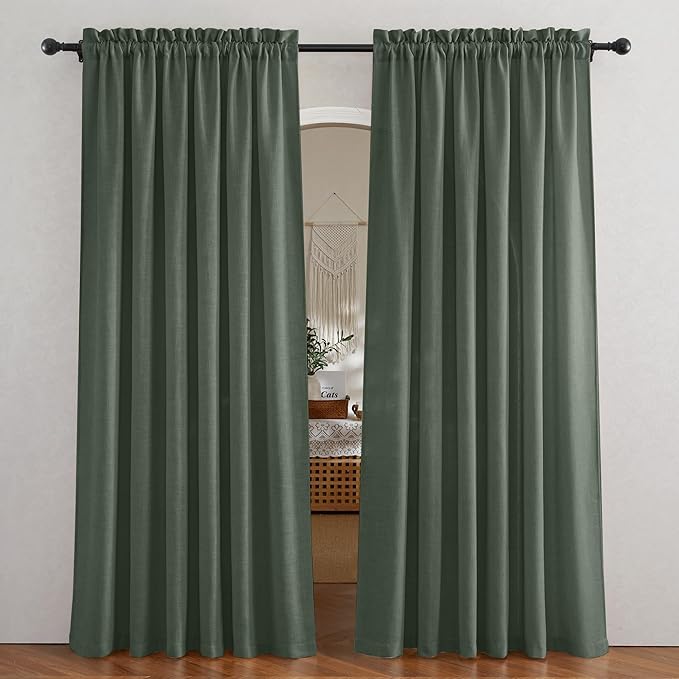 RYB HOME Spring Curtains for Living Room, Light Filtering Privacy Protection Linen Sheer Curtains for Sliding Glass Door, W 52 x L 90 inches, Hunter Green, 2 Panels Set