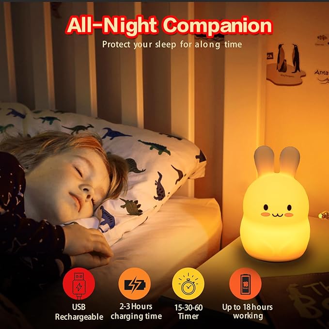 WHA&DARREN Night Light for Kids, Bunny Night Light, Silicone Nursery Light for Baby and Toddler, Animal Night Lights for Girls and Boys, Cute Lamps for Bedroom
