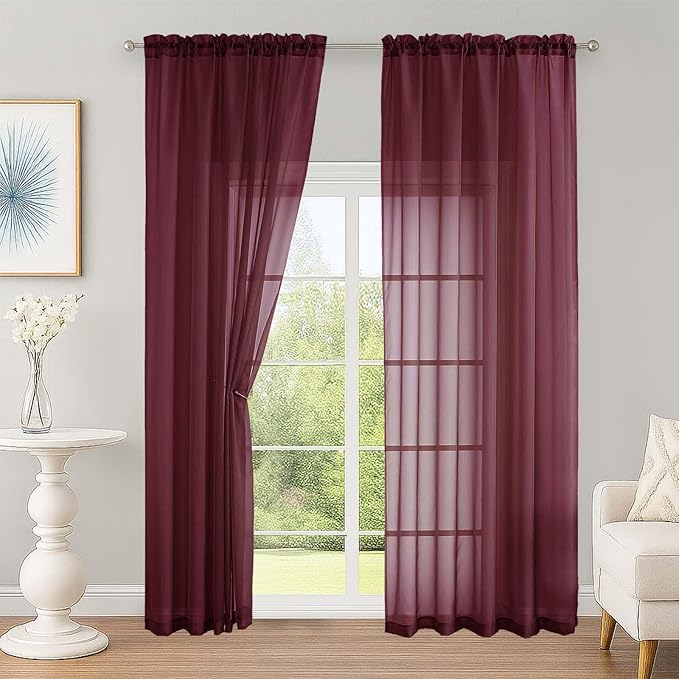 OWENIE Burgundy Sheer Curtain 90 Inches Long 2 Panels Set, Solid Filmy Drapes for Living Room Bedroom, Elegant Window Sheer Curtain Panels Drapes, 2 Pcs, Each 59W x 90L Inch