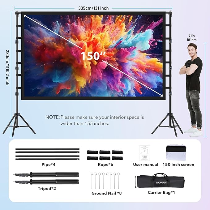 Outdoor Projector Screen with Stand 150 Inch: VOOPVOR Portable Projection Screen and Stand, Indoor Rear Front Movie Screen 16:9 4K HD, with Carry Bag,Support Height Adjustable for Home Theater Camping