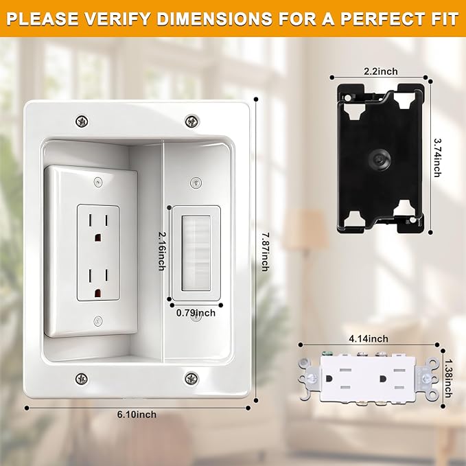 Wall Cable Concealer Kit with Recessed Tv Outlet Box-Two-Hole Socket,Tv Cable Hider Wall Kit Hider Box Fits All Plugs, Easy, Safe Cable Management