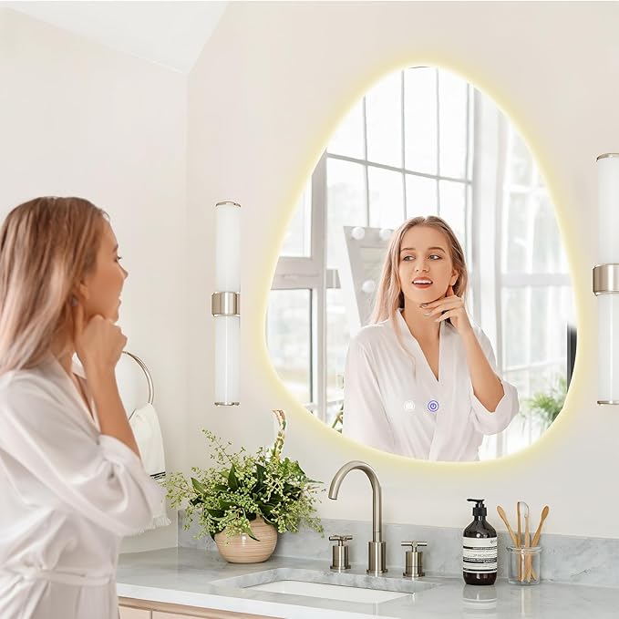QDSSDECO Irregular LED Bathroom Mirror with Lights,Asymmetrical Led Bathroom Vanity Mirror for Wall with Front and Backlit, Anti Fog, 3 Colors and Dimmable Light, 22" x 28"