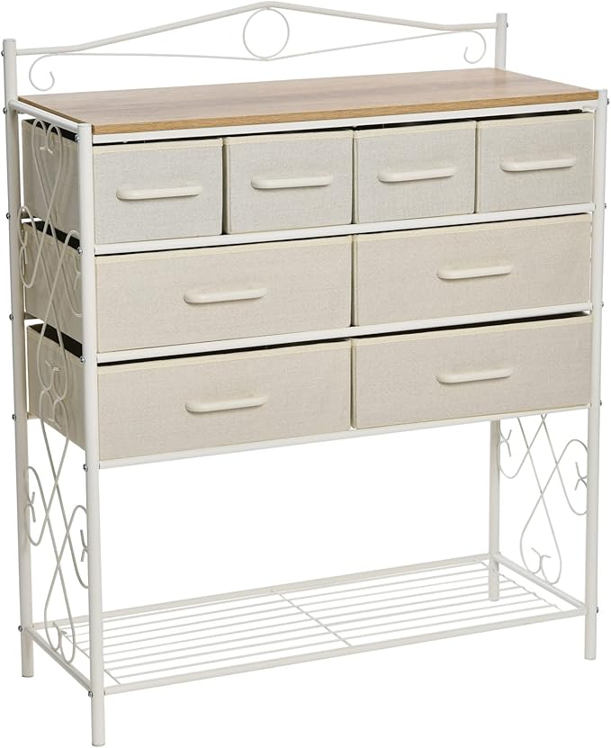 Household Essentials Victorian Style 8-Drawer and Bottom Shoe Shelf Storage Organizer Unit, White and Coastal Oak Color