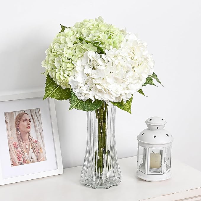 MARTINE MALL 4Pcs 21in Hydrangea Artificial Flowers, Latex Real Touch Hydrangeas Lifelike Large Hydrangea Flowers for Home Decor Party Arrangements Wedding Bouquets Centerpieces (2White&2Light Green)
