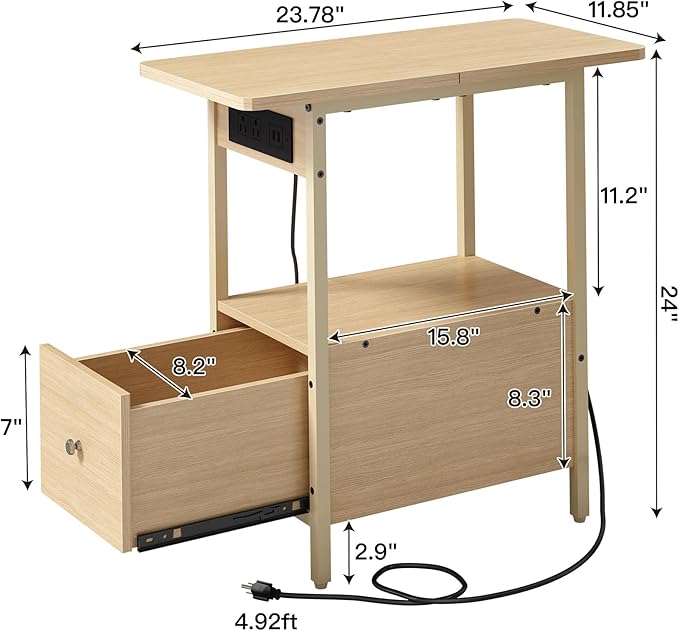 LIDYUK End Table with Charging Station, Narrow Side Table with Drawer and USB Ports & Power Outlets, Nightstand Bedside Tables for Small Spaces, Bedroom, Living Room, Natural