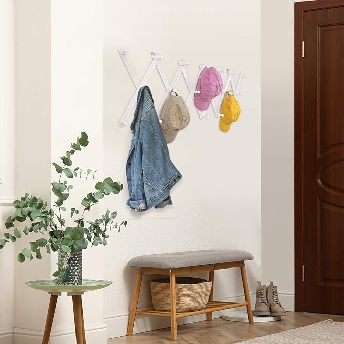 Accordion Wall Hanger with 20 Hooks, Wooden Wall Expandable Coat Rack for Coat, Hats, Baseball Caps, Coffee Mug, Jewelry(Ruist White)