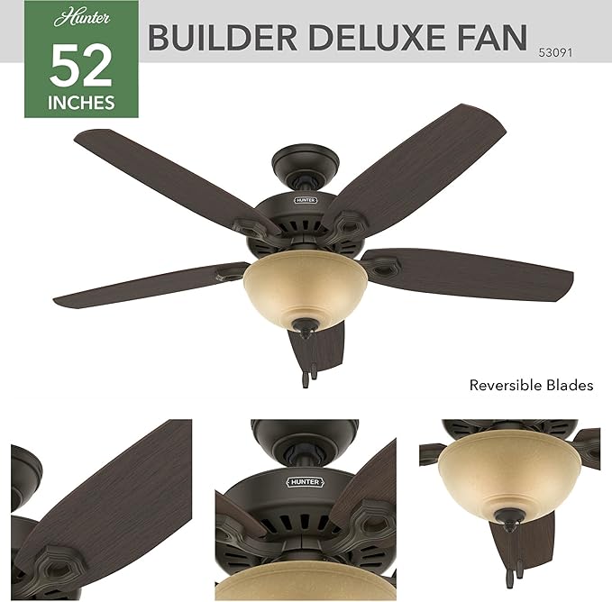 Hunter 52 inch Indoor Ceiling Fan with LED Light - Bronze Ceiling Fan with Pull Chain, For Bedroom or Living Room, Standard Mount, No Remote, 5 Blades, Includes Bulbs- Builder Deluxe 53091, New Bronze