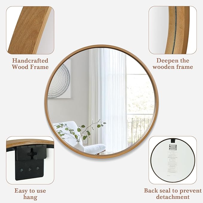 WallBeyond Round Wood Mirror 24" Circle Wall Mirror for Bathroom Round Wall Mirror for Wall Decor, Vanity, Entryway Living Room, Honey