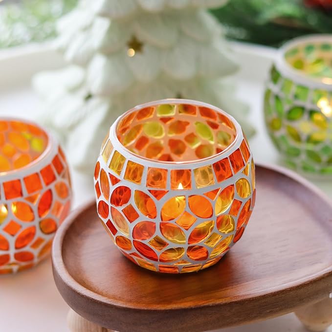 SHMILMH Mosaic Candle Holders Set of 4, Handmade Glass Tealight Votive Holders, Fall Thanksgiving Diwali Decor, Autumn Wedding Party Table Centerpiece, Brown Orange Green