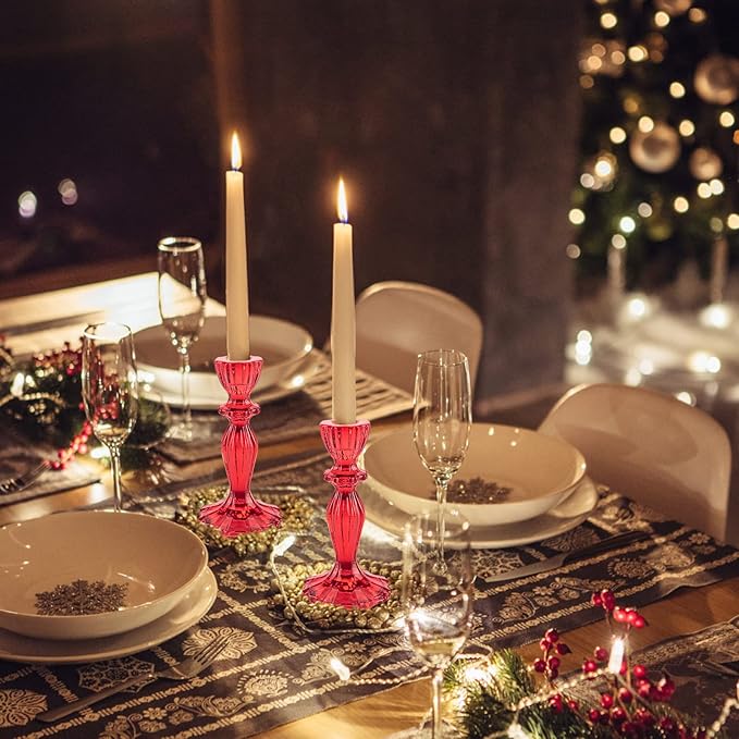 Glass Candle Holders, 2PCS Wide Base Candlestick Holder Decorative Candle Stand Table Centerpieces for Wedding Birthday Halloween Christmas Party, Red