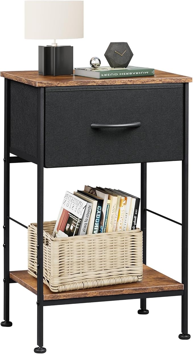 WLIVE Nightstand, End Table with Fabric Storage Drawer and Open Wood Shelf, Bedside Furniture with Steel Frame, Side Table for Bedroom, Dorm, Easy Assembly, Black and Rustic Brown, 25.0" Height