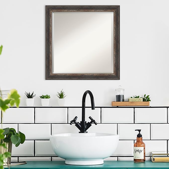 Amanti Art Brown Bathroom Mirror for Over Sink, 23x23 Bark Rustic Char Narrow Square Vanity Mirror, Medium Country Rustic Frame, Hangs Horizonally and Vertically, Bathroom Wall Decor, Beveled Edge