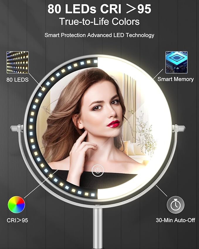 Makeup Mirror with Lights, 1X/30X Lighted Magnifying Mirror Height Adjustable, 3000mAh Rechargeable Double Sided Vanity Mirrors with 3 LED Lighting and Adjustable Brightness for Desk Women Gift