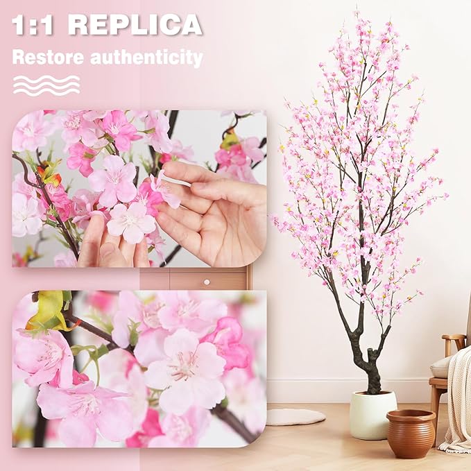 Faux Pink Cherry Blossom Tree 8ft(94in) Tall Artificial Plant Indoor Decor Handmade Natural Sakura Tree for Wedding Realistic Cherry Plant in Pot for Home Living Room,Office,Outdoor Decor.