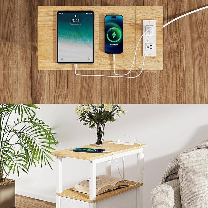 Narrow Side Table for Small Spaces, Skinny End Table with Charging Station, Sofa Beside Table with 2 Fabric Drawers and 1 Open Compartment, Slim Nightstand with USB Ports Outlet, White and Nature Wood