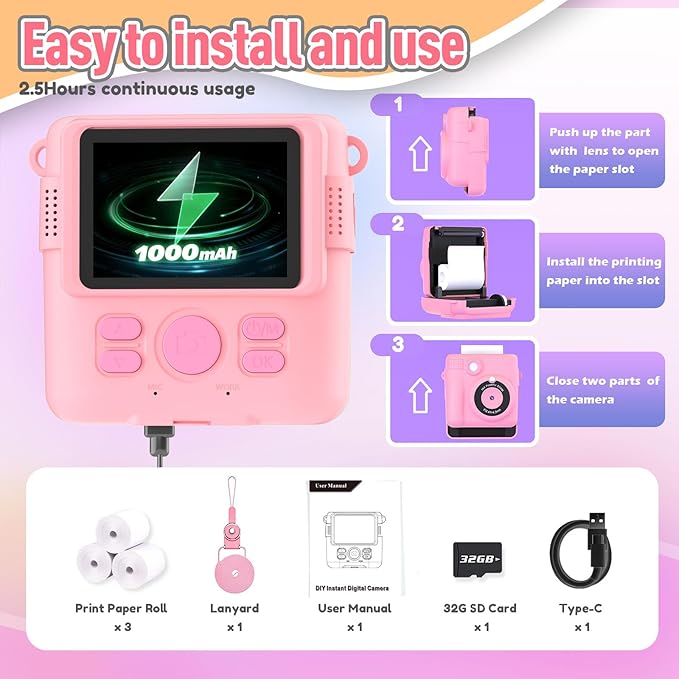 Instant Print Camera for Kids, Christmas Birthday Gifts Girls Boys Age 3-12, HD Digital Video Cameras Toddler, Portable Toy 3 4 5 6 7 8 9 10 Year Old Girl with 32GB SD Card-Pink