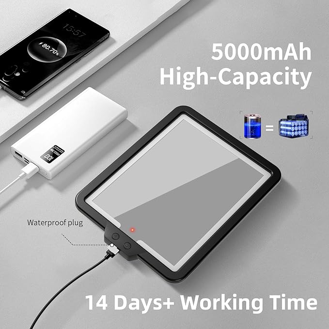 Lighted Shower Mirror Fogless for Shaving, Heated Fog Free Large 9.5*7inch 3 Color Modes Dimming Shower Shaving Mirror with Light, Rechargeable Anti-Fog Shower Mirror with Storage Tray & Razor Holders