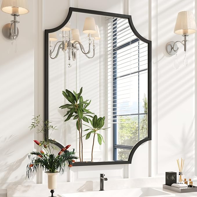 Kelly Miller 30"x40" Large Black Bathroom Mirror for Wall, Gold Scalloped Vanity Mirror Bevelled Framed Decorative Mirror for Master Bath Half Bath Entrance Hallway Fireplace Bedroom Living Room