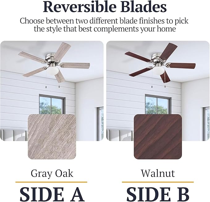 Prominence Home Alvina Traditional 44 Inch Ceiling Fan with Light, LED Flush Mount Ceiling Fan, Indoor Fan with 5 Blades, Gray Oak and Brown Walnut Blade Finish Options, Satin Nickel (51585-01)