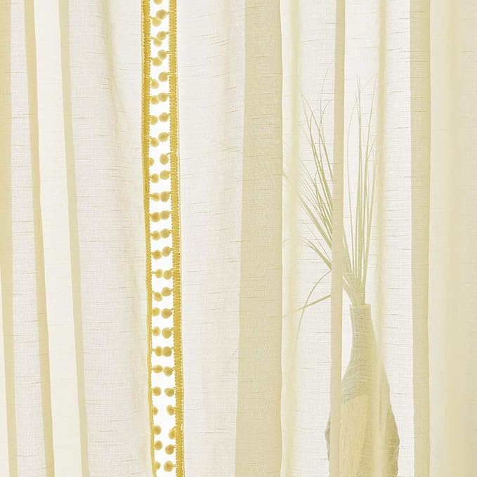 Treatmentex Yellow Sheer Curtains for Living Room 95" Linen Texture Pom Pom Trimmed Voile Drapes for Children's Room 2 Panels
