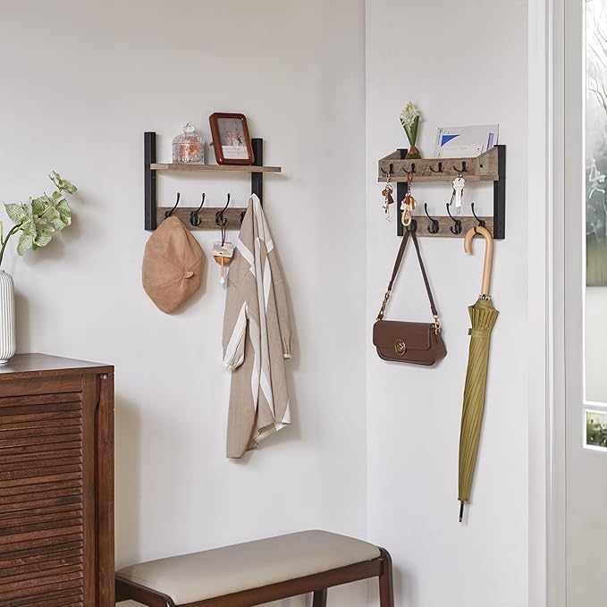 YMYNY 31.5" Coat Rack Wall Mount with Shelf, 4 in 1 Key and Coat Hanger with 12 Metal Hooks, Wall Shelf with Hooks & Mail Holder for Living Room, Bedroom, Silver Gray, HWS007Y-2