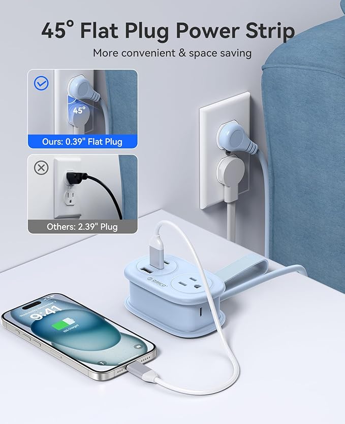 ORICO Pocket Power Strip for Travel, 5 in 1 Extension Cord with 2 AC Outlets 2 USB-A and 1 USB-C Ports, 3.7 ft Flat Plug Wrapped Around Power Strip for Cruise Office, Hotel, Home- AP3