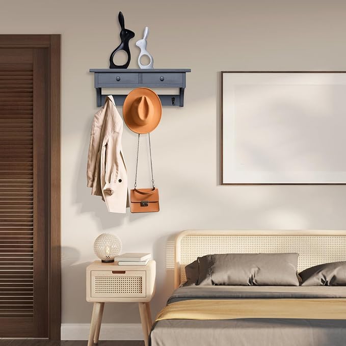 Emfogo Coat Hooks Wall Mounted, Rustic Wood Coat Rack Wall Mount Shelf with Hooks, Farmhouse Wall Coat Rack with Shelf & Coat Hook for Entryway, Mudroom, Bedroom, Kitchen, Bathroom (Gray)