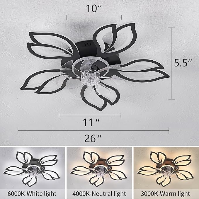 Ceiling Fan with Lights Remote Control, 26" Black Low Profile Ceiling Fan with Light, Modern Leaf Geometric Flush Mount Ceiling Fan for Kitchen Bedroom