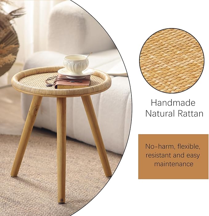 Rattan Round Coffee Table, Boho Circle Side Table End Table for Living Room, Small Mid Century Accent Table for Bedroom Balcony