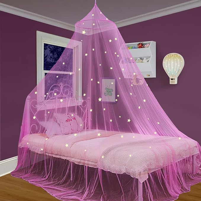 South to East Princess Bed Canopy with Glowing Stars, Pink Canopy for Girls' Room, Bed Canopy Curtains from Ceiling for Twin & Full Size Beds, Ideal Gift, Fire Retardant Fabric