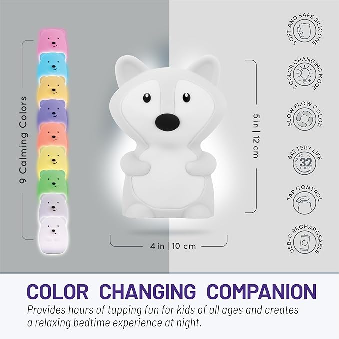 Lumipets Junior Fox Night Light, Soft Silicone Material, 8 Soothing Colors, Cordless, Easy Control, Portable