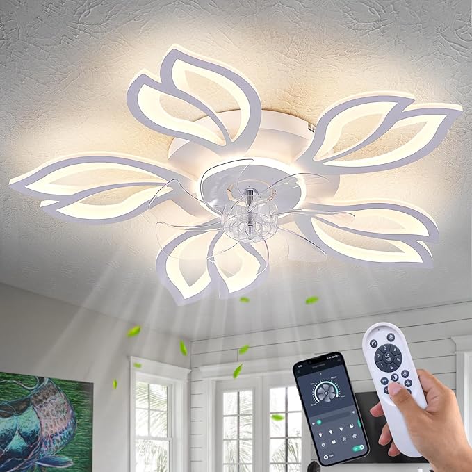 Ceiling Fan with Lights Remote Control, 26" White Low Profile Ceiling Fan with Light, Modern Leaf Geometric Flush Mount Ceiling Fan for Kitchen Bedroom