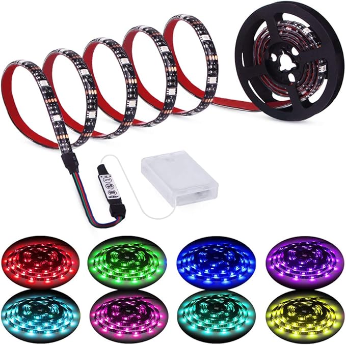 Led Strip Lights Battery Powered RGB 2M 6.56ft Battery Operated Led Battery Lights with 3 Keys Controller Waterproof Battery Led Rope Lights for TV, Bedroom, Mirror, PC, Camping & Home Decoration