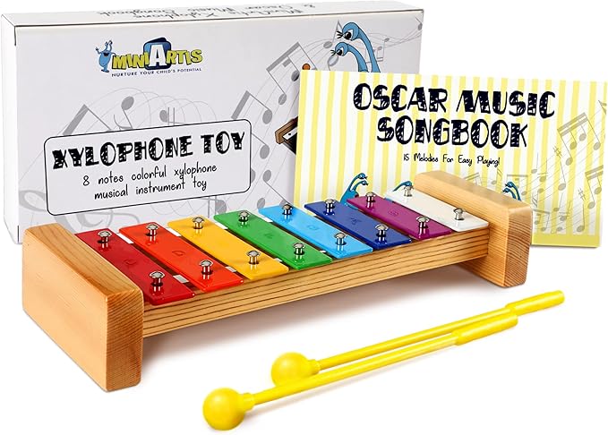 MINIARTIS Xylophone for Kids and Toddlers | 8 Notes Colorful Wooden Xylophone with Mallets and 15 Music Songbook | Kids Musical Instrument Educational Montessori Toys
