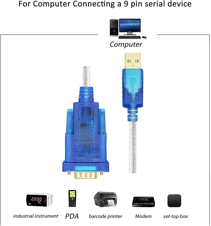 DTECH 10 Feet USB 2.0 to RS232 DB9 Serial Port Adapter Cable with FTDI Chipset Supports Windows 11 10 8 7 and Mac Linux
