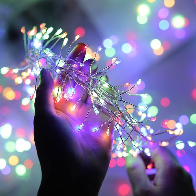 Fairy Lights Plug in, 10Ft 200LED Firecracker Firefly Lights with 8 Mode, Waterproof Silver Wire Cluster Starry String Lights for Ceiling Bedroom Window Wedding Christmas Tree Decoration, Multicolor
