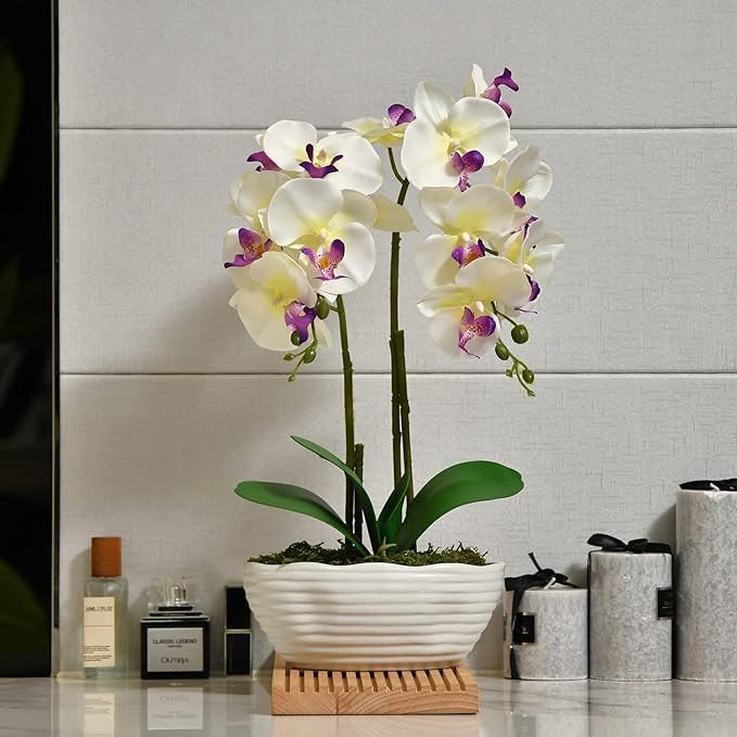 Large Artificial Potted Orchid Plant, Silk Flower Arrangement with Ceramics Vase, White